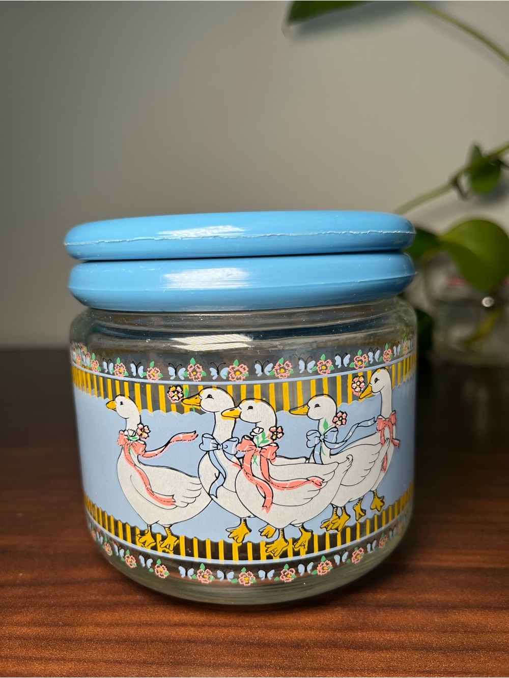 80s Country Mother Goose Ribbon Bow Glass Jar Blue Plastic Lid